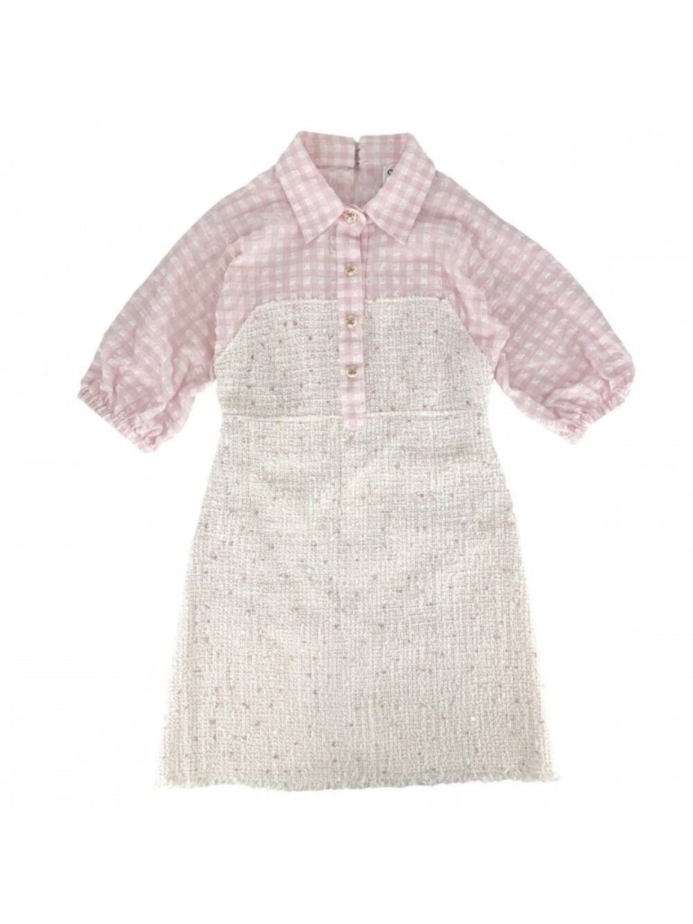 Chanel Dress Tweed Check Coco Button Sequin 38 Pink White Spring Summer Autumn
